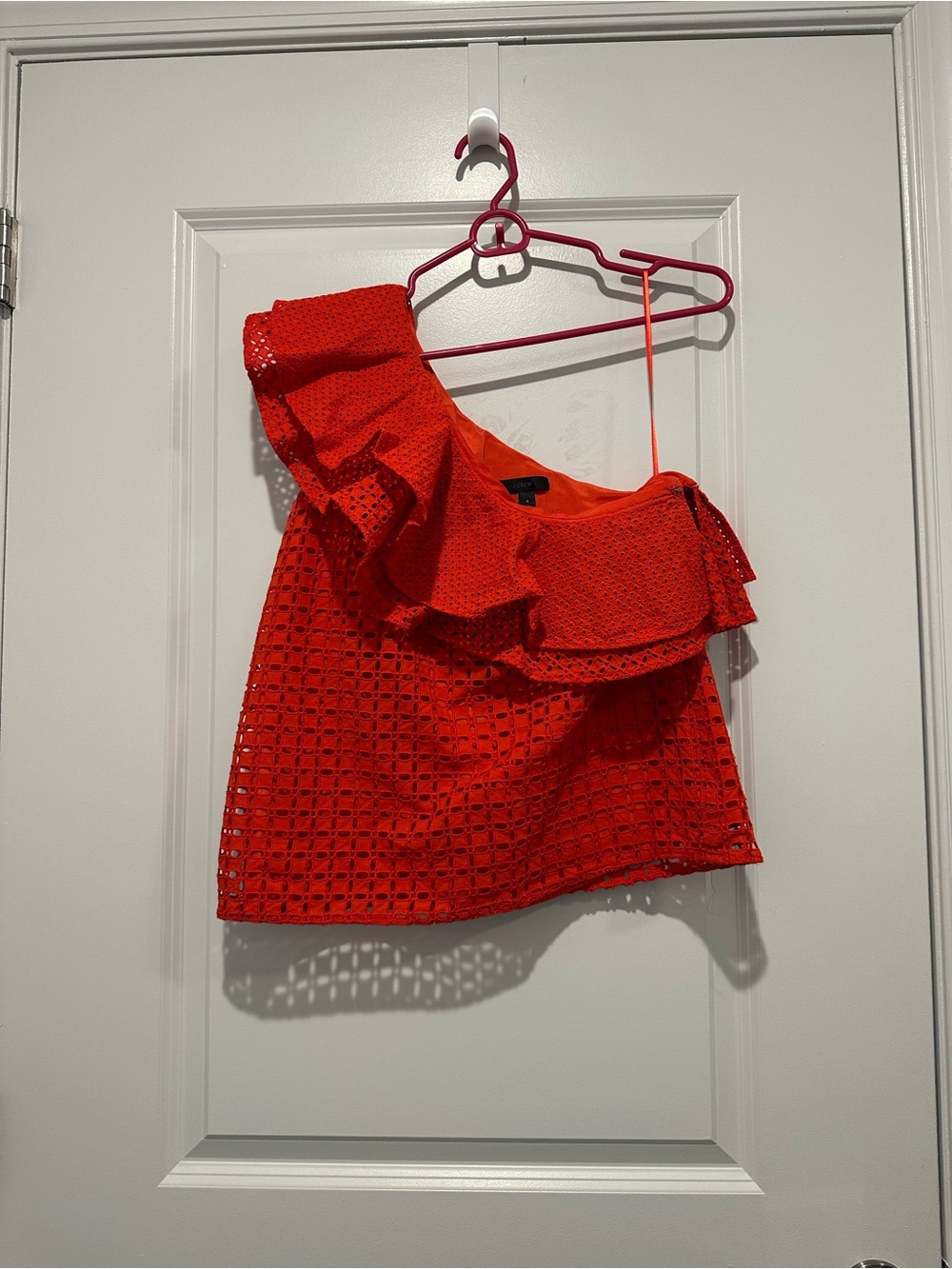 J CREW One-Shoulder Ruffle Eyelet Top - Red
